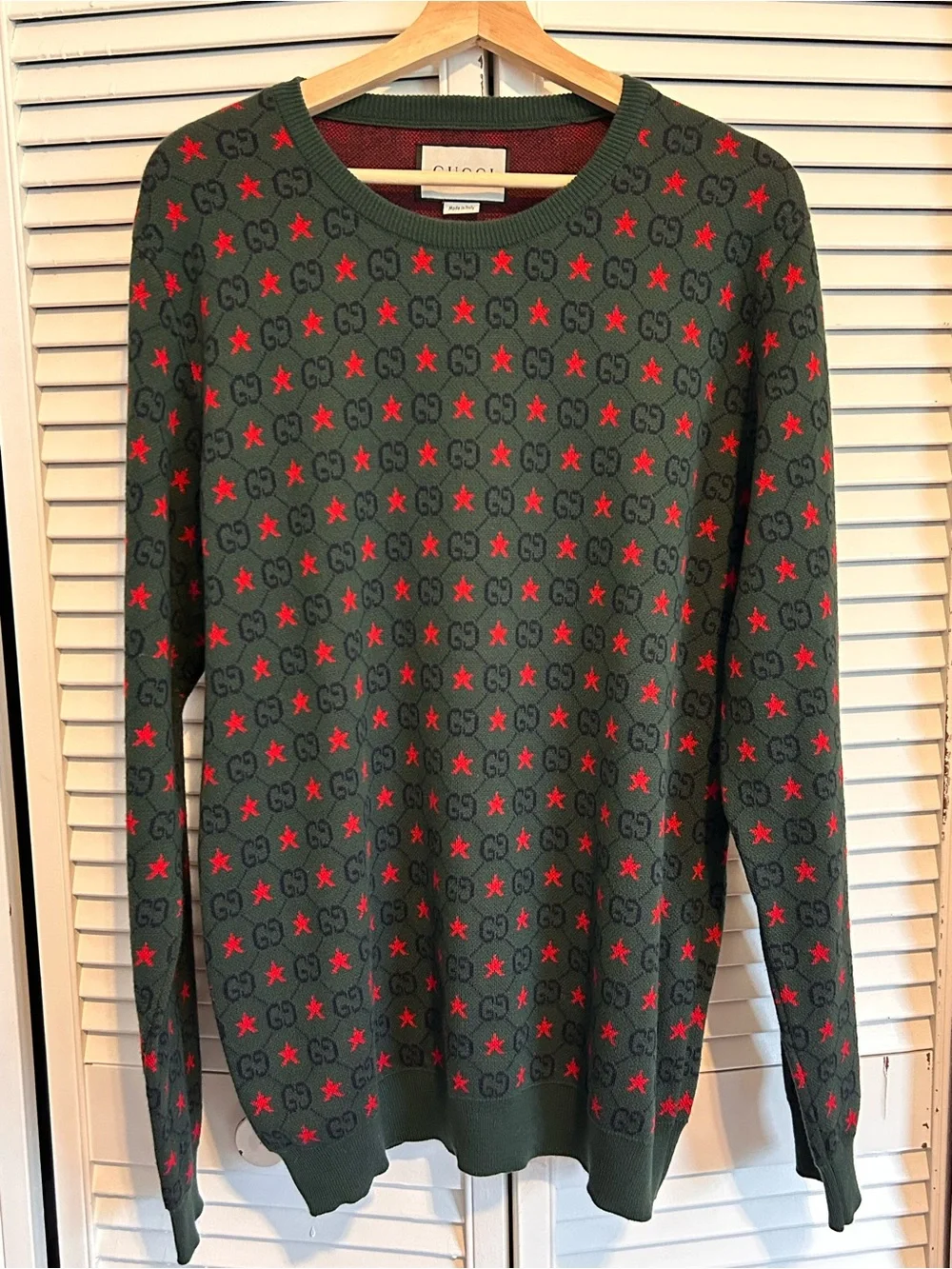 Gucci Men's Green Crewneck Sweater with Red Star Motif